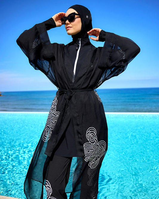 Marina Black & White Damask Chiffon Kimono - P2515