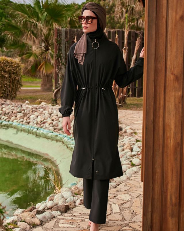 Woven Black Burkini Modest Swimwear M2401