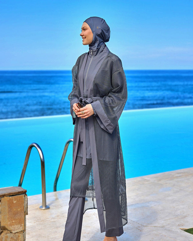 Charcoal Full Length Modest Mesh Kimono – P2501-5