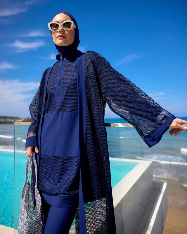 Navy Full Length Modest Mesh Kimono – Lightweight Islamic Swim Cover P2501-2