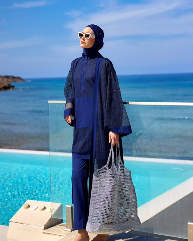 Navy Full Length Modest Mesh Kimono – Lightweight Islamic Swim Cover P2501-2