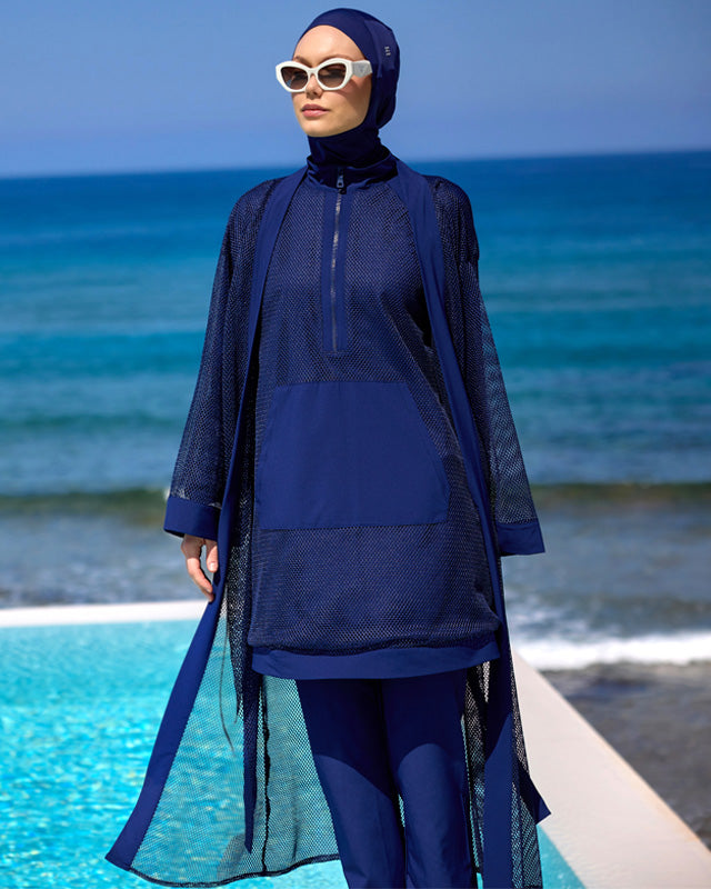 Navy Full Length Modest Mesh Kimono – Lightweight Islamic Swim Cover P2501-2