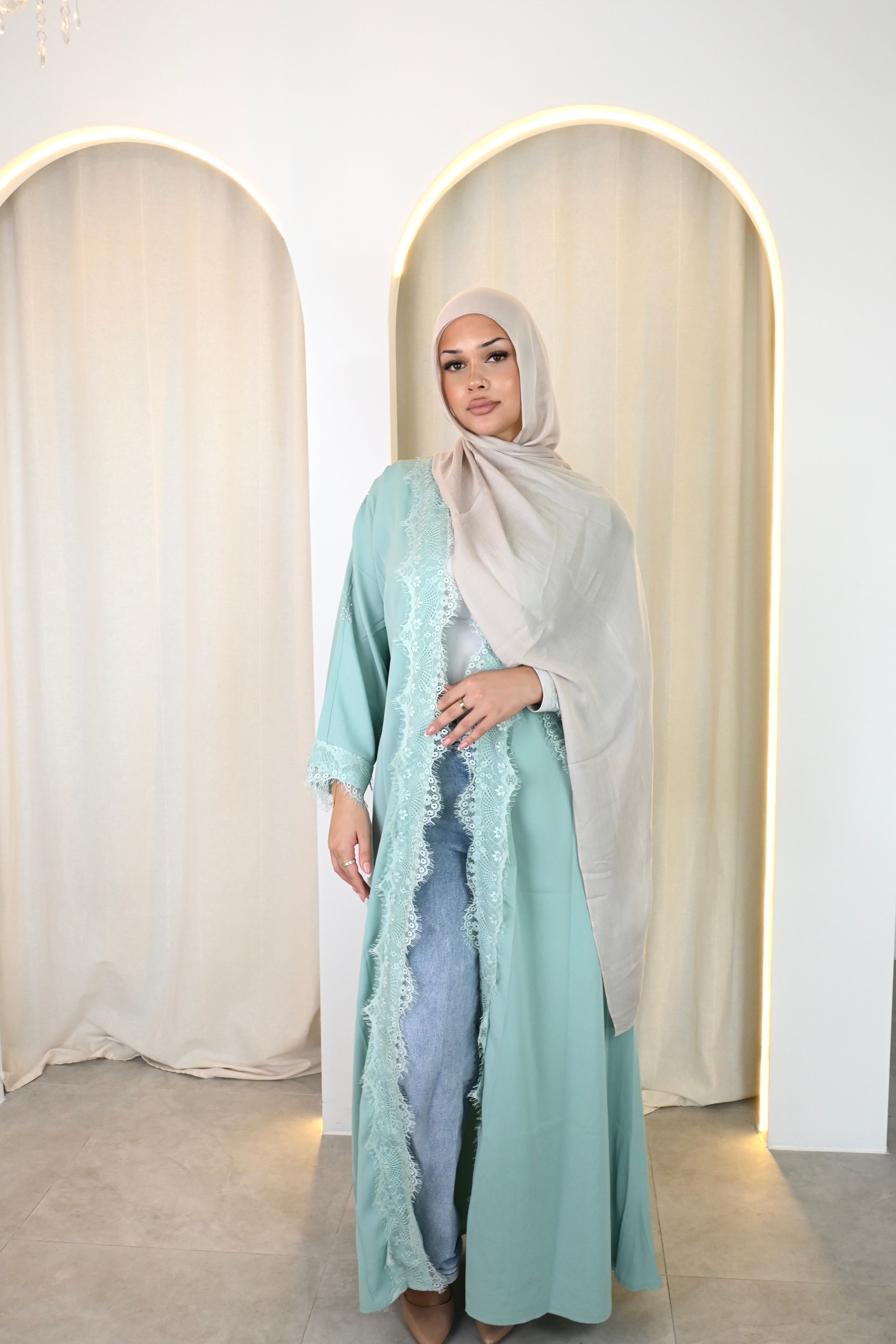 Sage Lace Open Abaya