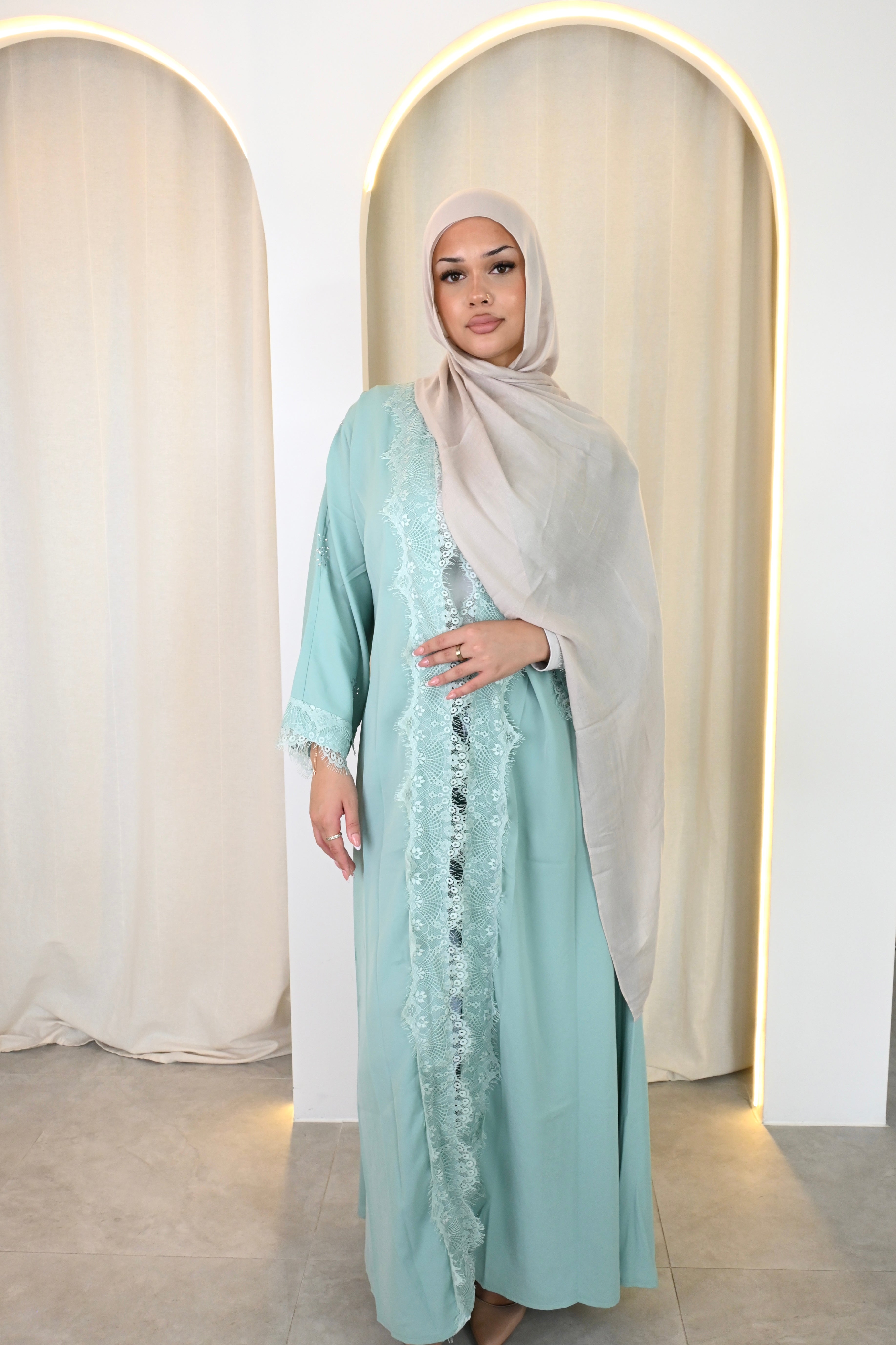 Sage Lace Open Abaya