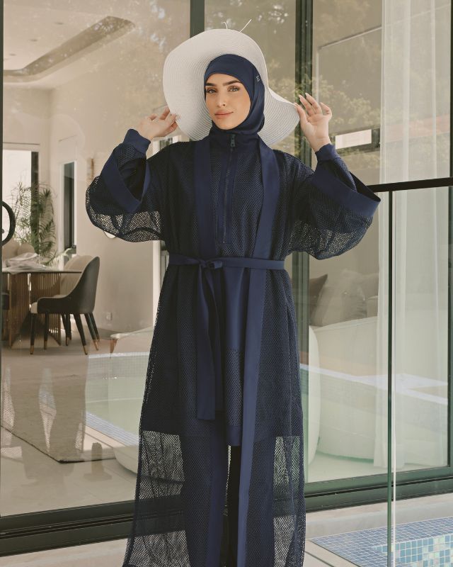 Navy Full Length Modest Mesh Kimono – Lightweight Islamic Swim Cover P2501-2