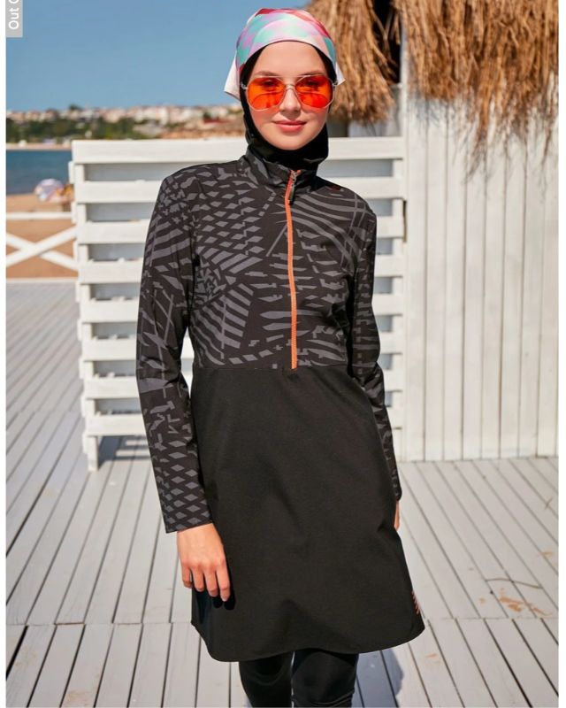 Woven Black Burkini Modest Swimwear M2324