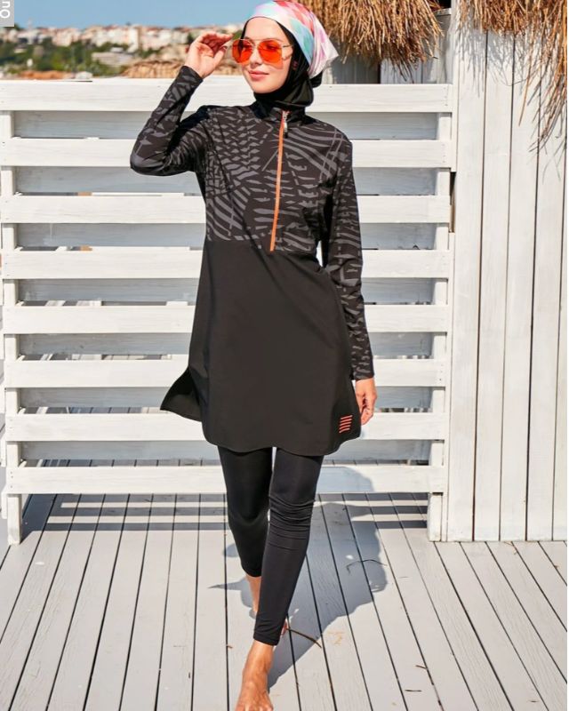 Woven Black Burkini Modest Swimwear M2324