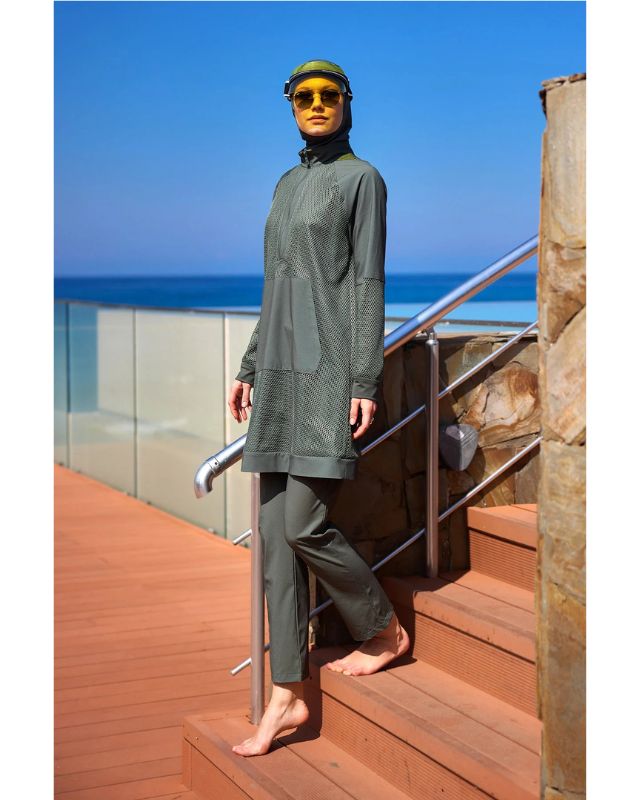 Khaki Full Coverage Tulle Detail Modest Swimwear Burkini Set M2534-3