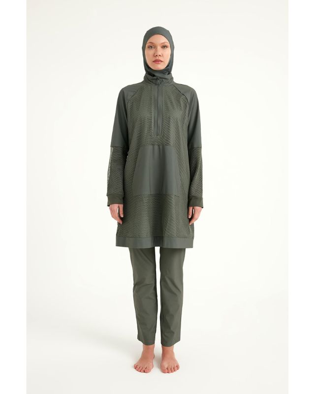 Khaki Full Coverage Tulle Detail Modest Swimwear Burkini Set M2534-3