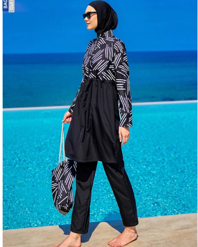 Black Full Coverage Modest Swimwear Set for Women R2509