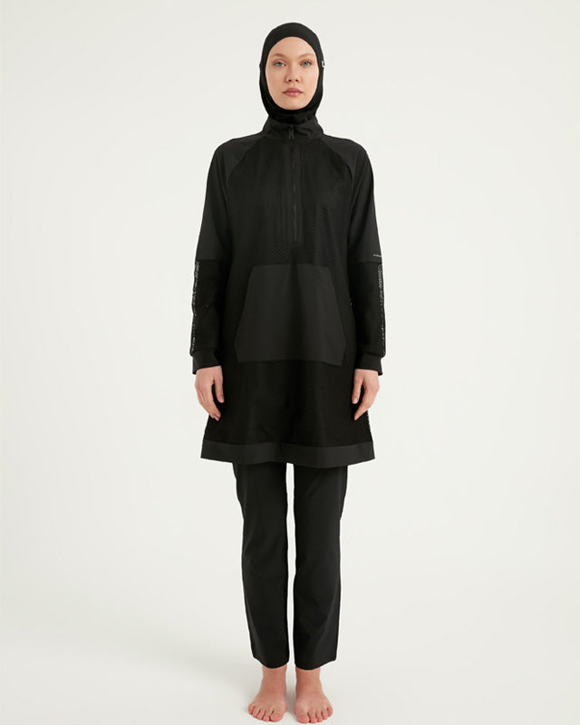 Black Tulle Detail Full Coverage Swimwear Burkini M2534-1