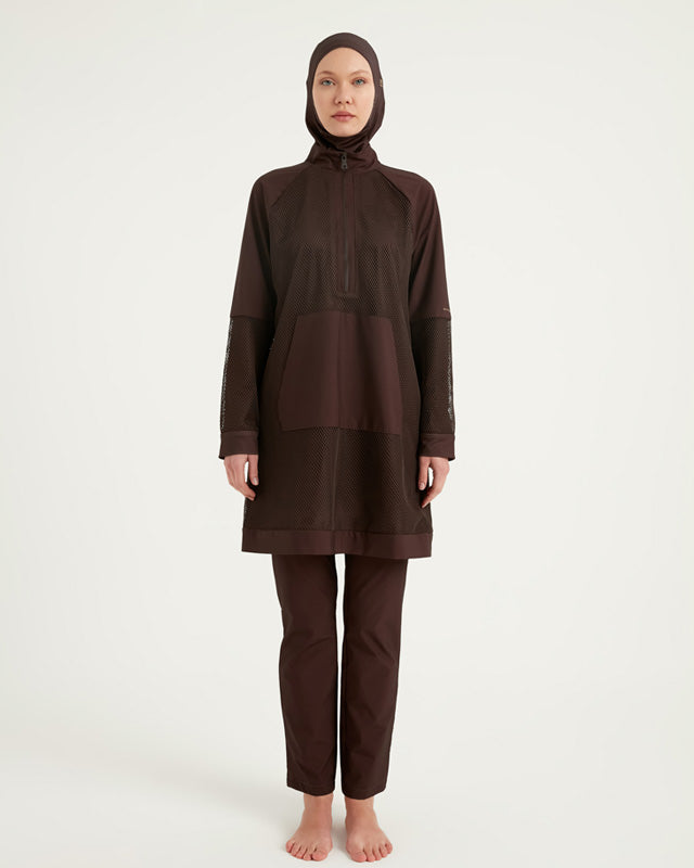 Brown Full Coverage Tulle Detail Modest Swimwear Burkini Set M2534-4