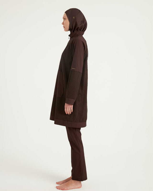 Brown Full Coverage Tulle Detail Modest Swimwear Burkini Set M2534-4